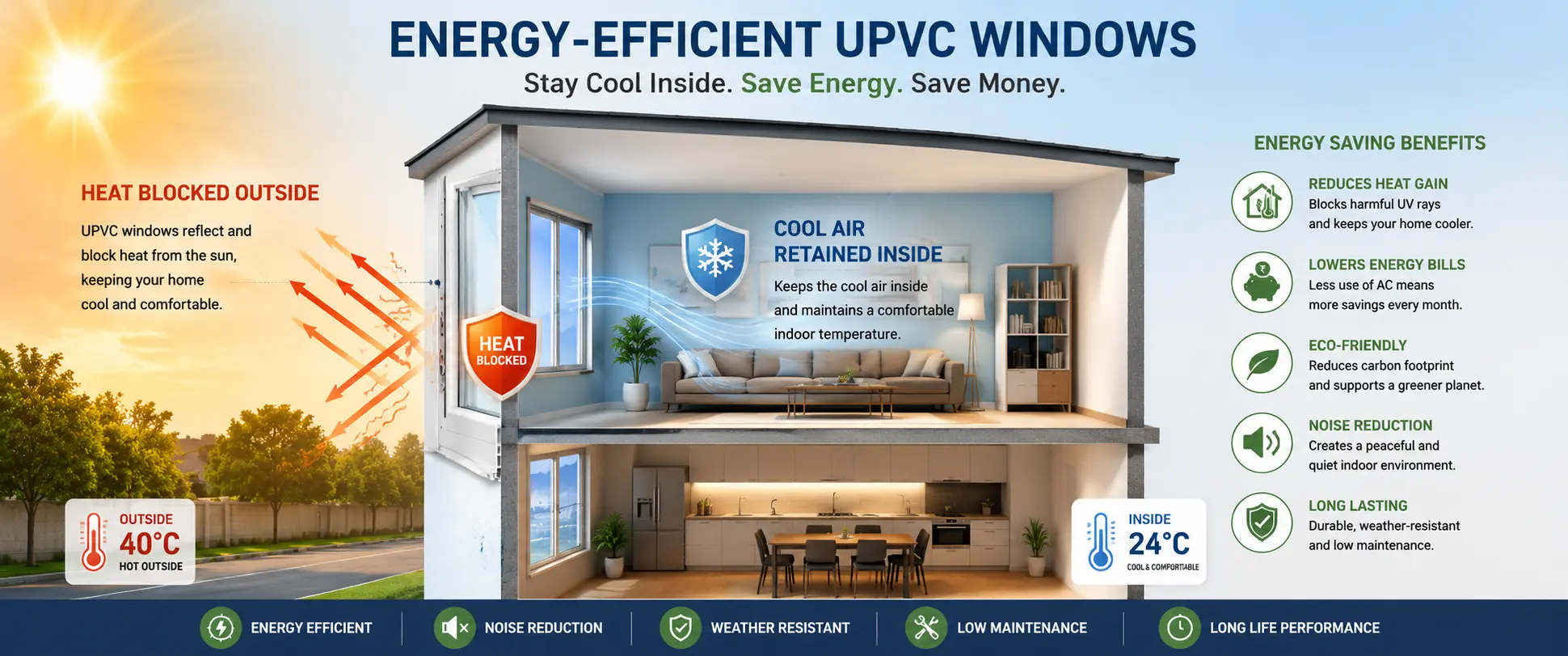 Energy-efficient UPVC windows reducing indoor heat