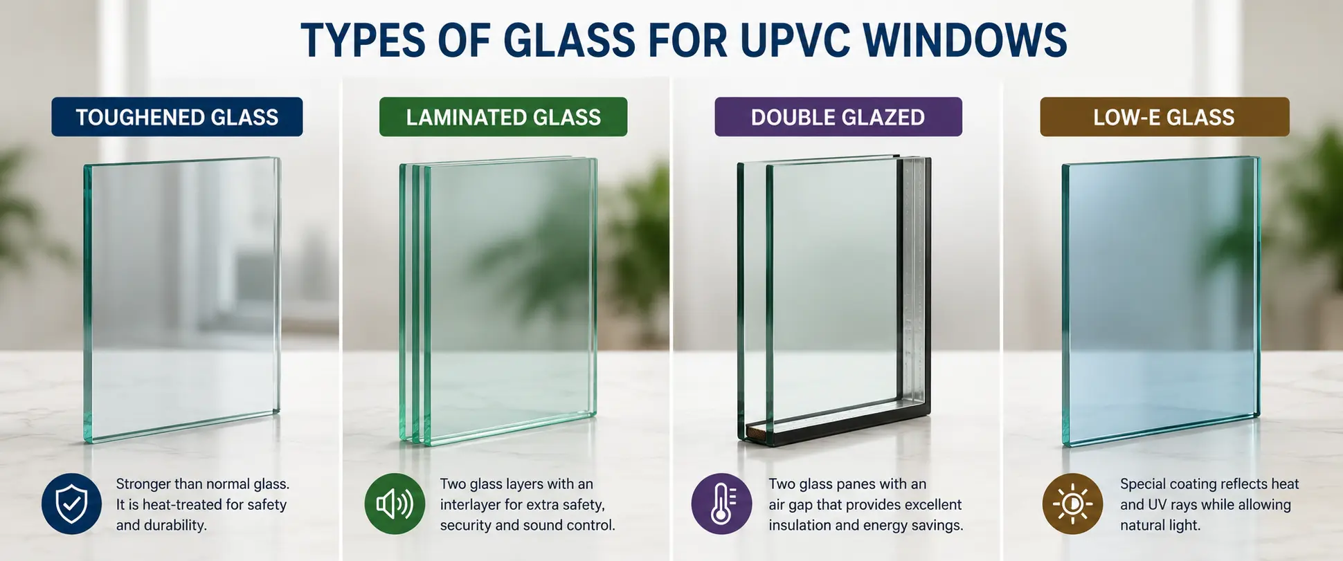 Different glass options available for UPVC windows